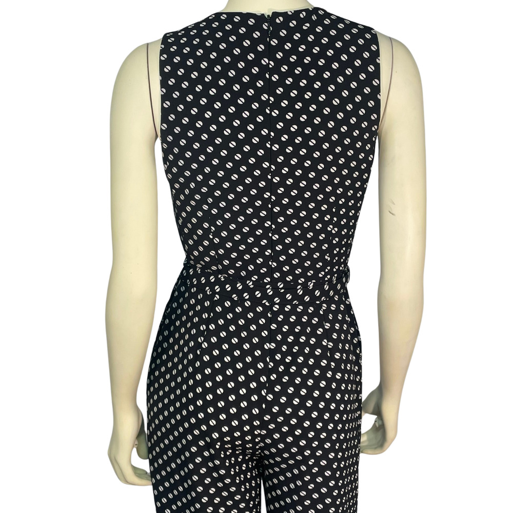 Michael Kors Sz 2 Belted Jumpsuit Cropped Pants V-Neck Bodice Black White Dots - Picture 12 of 13